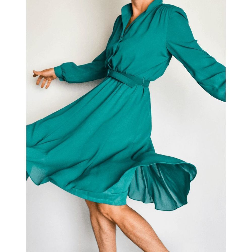 Vintage 70s Disco Turquoise Polyester Belted Shirtdress with Shoulder Pads, Made